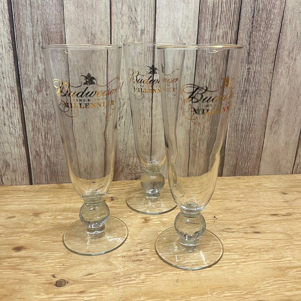 Vintage 2000 Budweiser Millennium Beer Glasses Gold Rimmed Footed Pilsner Set 3